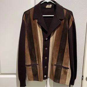 Vintage Italian Suede Front Wool Cardigan Button Up Sweater- Godchaux’s - Large